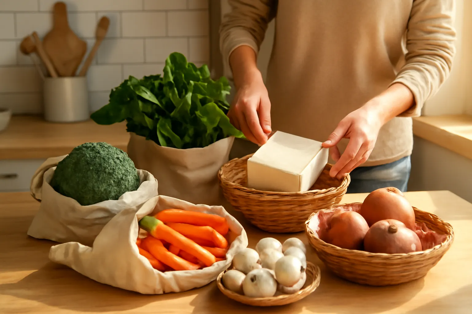 Túi rau củ chay vừa mua về xếp trên mặt bàn bếp, một người đang tách từng nhóm ra rổ