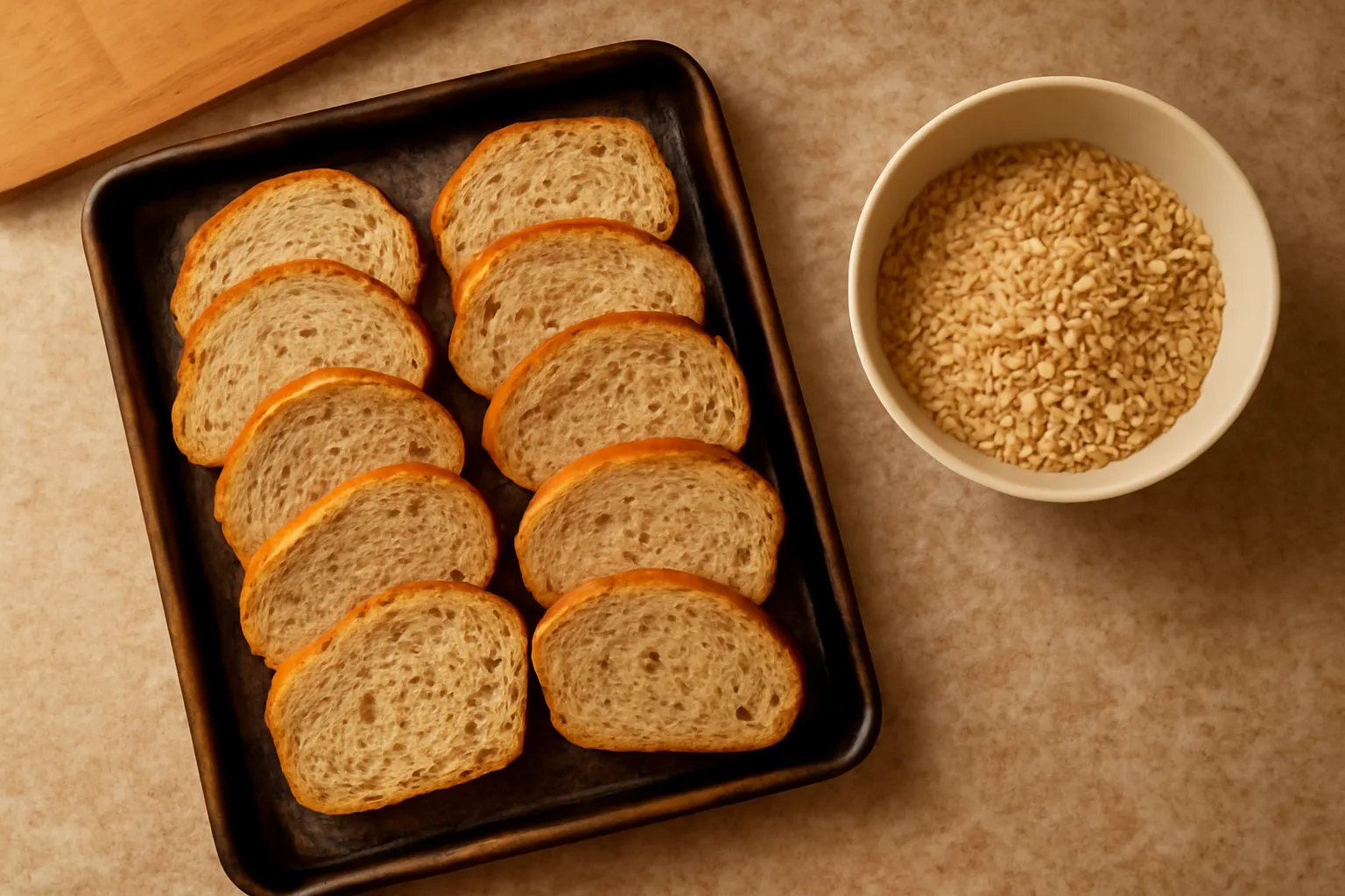 Bánh mì cũ cắt lát xếp trên khay nướng, bên cạnh là bát cơm khô đã tơi