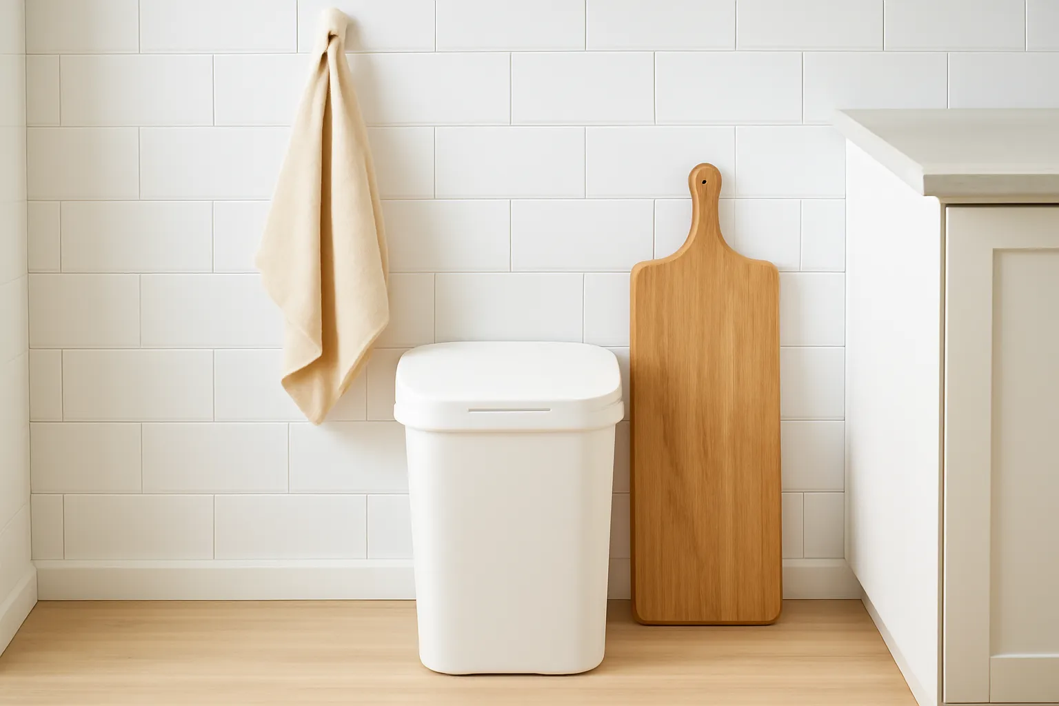 Góc bếp gọn với sọt rác có nắp, khăn lau phơi trên móc và thớt dựng đứng cho khô