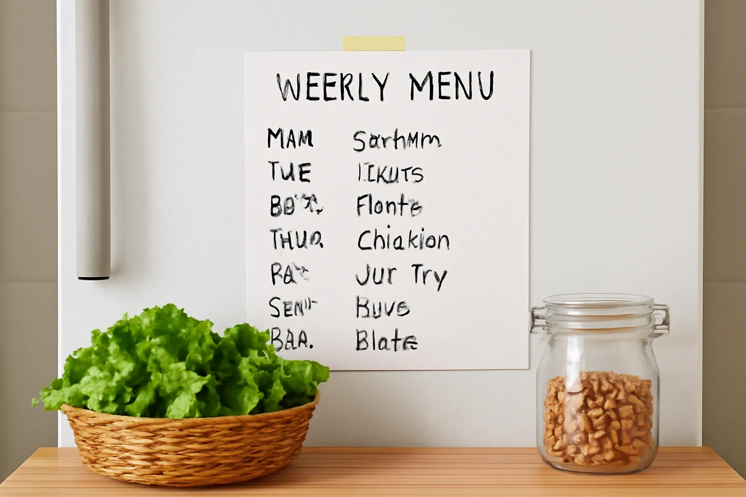 Tờ giấy thực đơn tuần dán trên cửa tủ lạnh, bên cạnh là rổ rau và lọ đậu