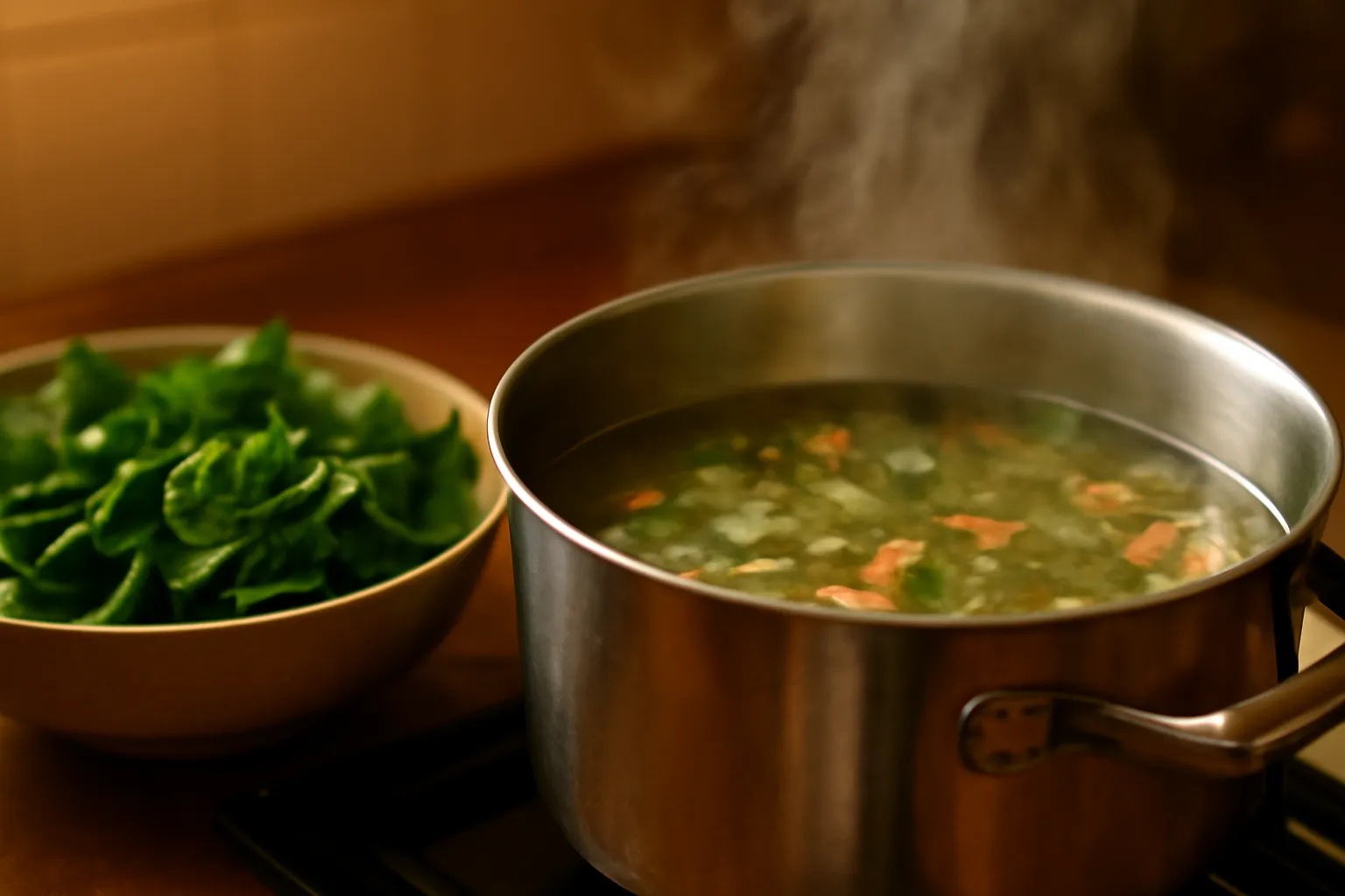 Nồi canh chay đang sôi lăn tăn, bên cạnh là bát rau tươi chuẩn bị cho vào