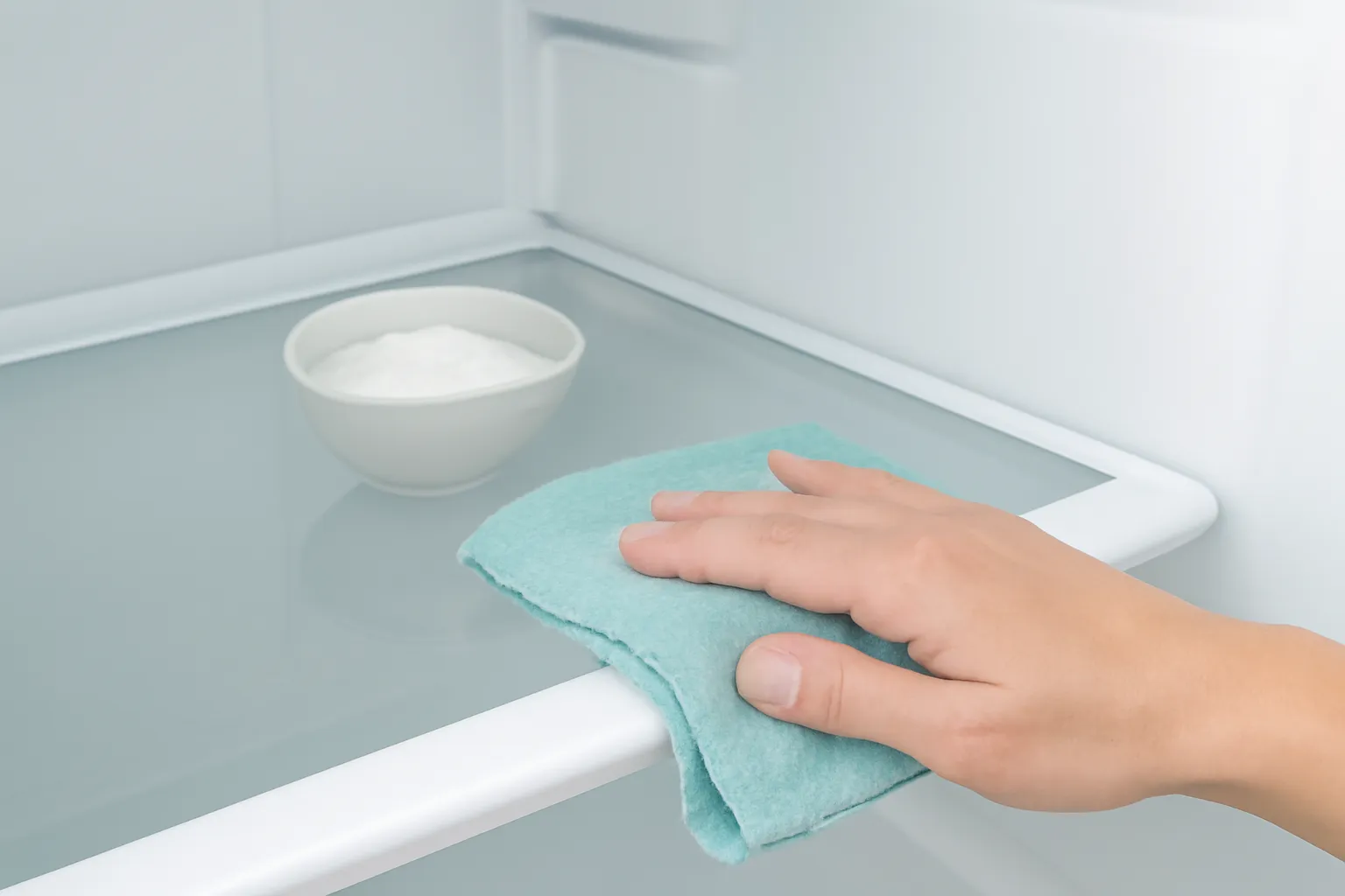 Bàn tay lau ngăn tủ lạnh bằng khăn ẩm, một bát bột nở nhỏ đặt ở góc ngăn